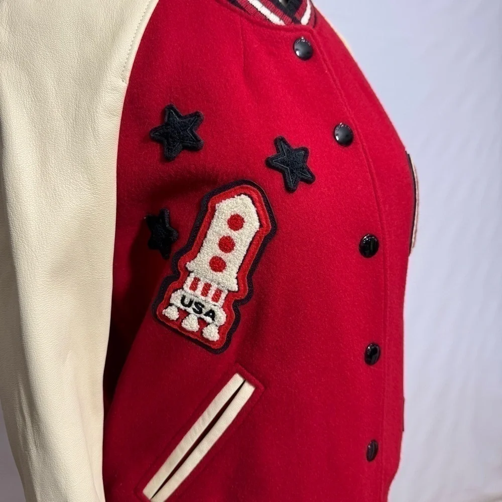 Coach • Varsity Wool & Leather Rocket Ship Patch Bomber Jacket US 6 RARE EUC